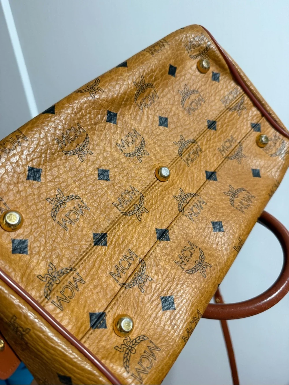 MCM Cognac Visetos Satchel with Gold Hardware